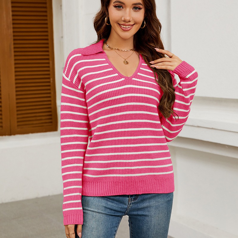 European and American women's autumn and winter new striped casual loose long-sleeved simple style pullover knitted cardigan