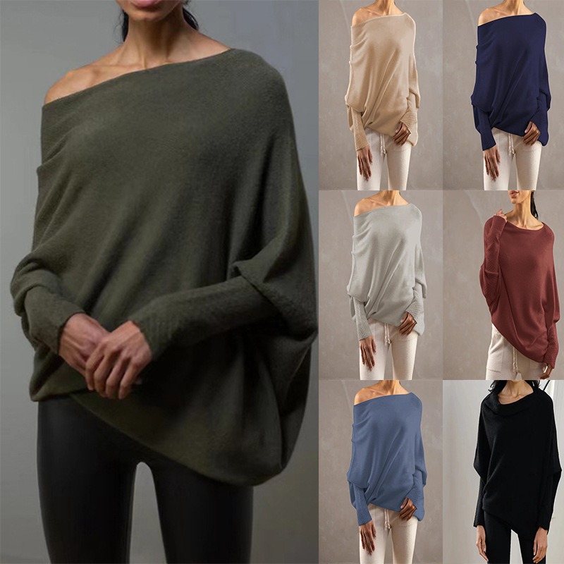 2024 hot sale solid color one-shoulder loose versatile bat sleeve knitted pullover sweater top