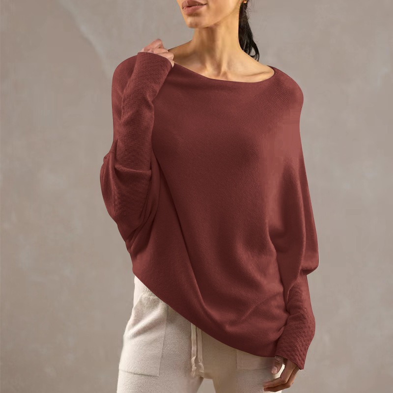 2024 hot sale solid color one-shoulder loose versatile bat sleeve knitted pullover sweater top
