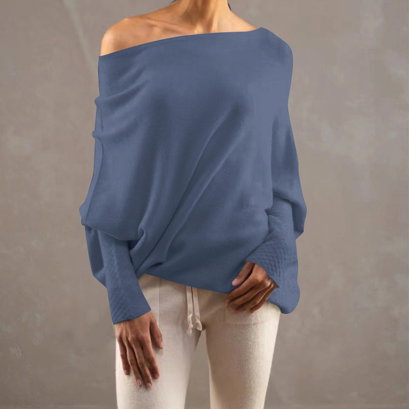 2024 hot sale solid color one-shoulder loose versatile bat sleeve knitted pullover sweater top