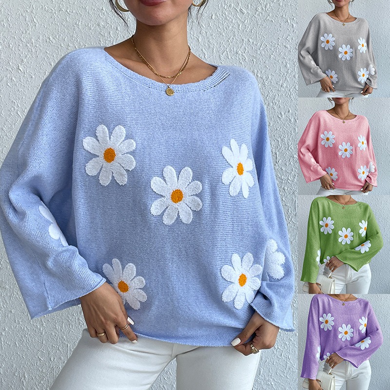 2024 New European and American Sweet Flower Loose Embroidery One Shoulder Pullover Knitted Sweater