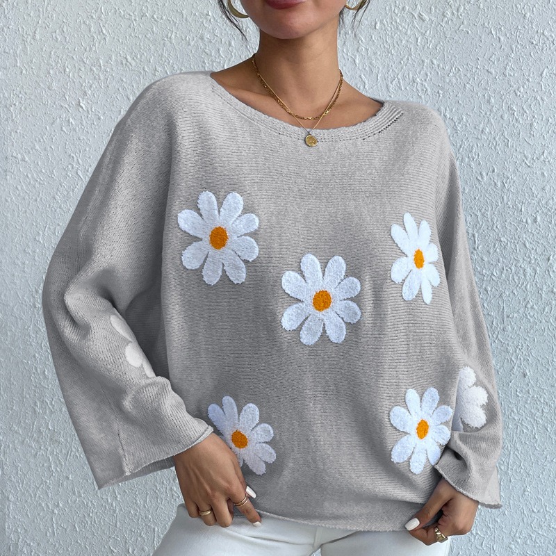 2024 New European and American Sweet Flower Loose Embroidery One Shoulder Pullover Knitted Sweater