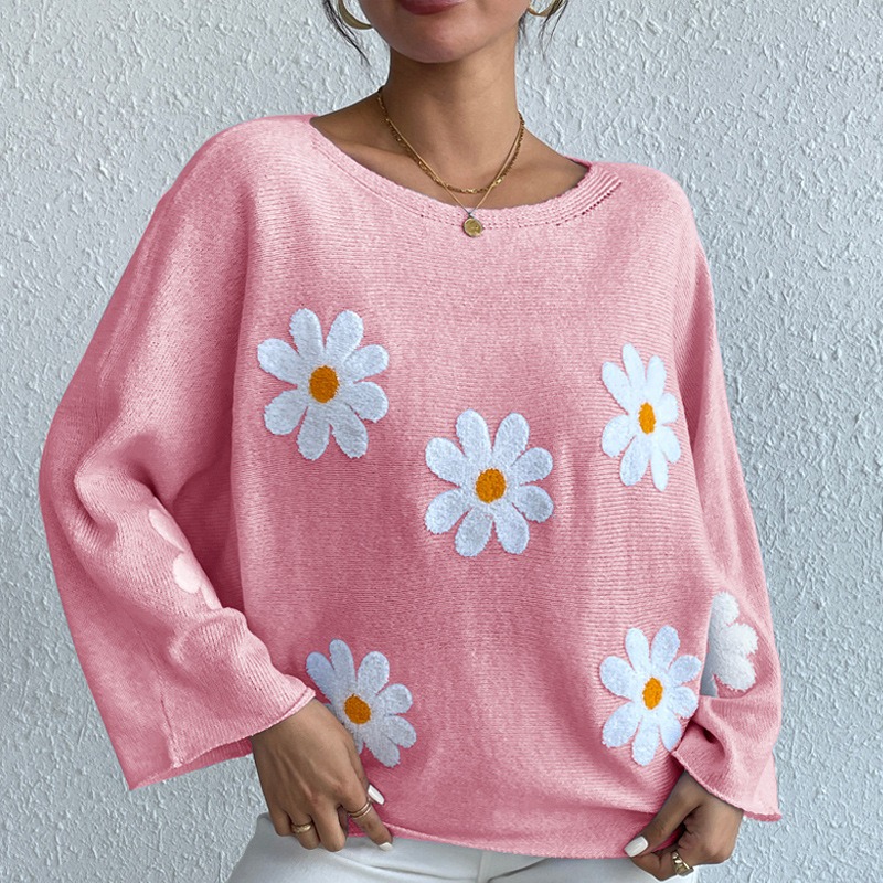 2024 New European and American Sweet Flower Loose Embroidery One Shoulder Pullover Knitted Sweater