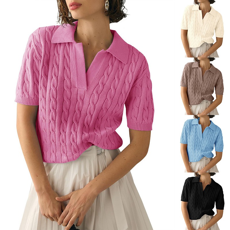 2024 European and American women's polo collar short-sleeved women's casual solid color cable knitted sweater