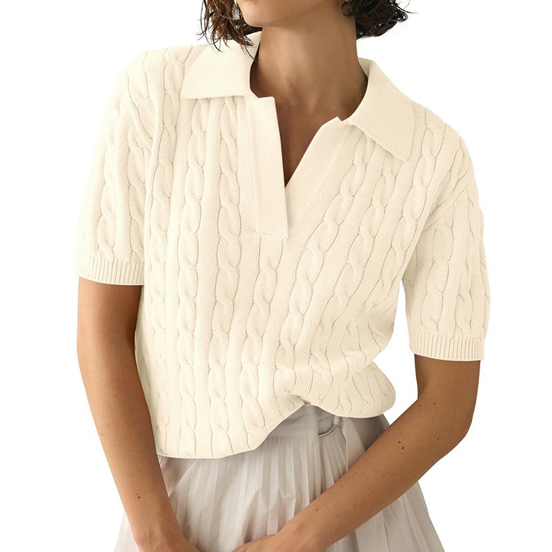 2024 European and American women's polo collar short-sleeved women's casual solid color cable knitted sweater