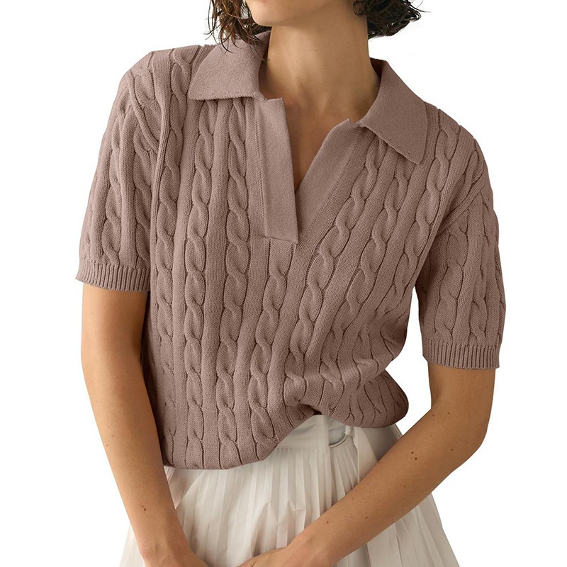 2024 European and American women's polo collar short-sleeved women's casual solid color cable knitted sweater