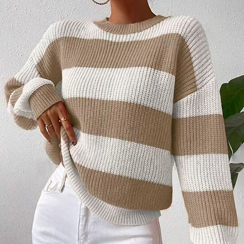 2024 European and American autumn and winter women's clothing Internet celebrity hot-selling striped loose lazy long-sleeved pullover round neck sweater