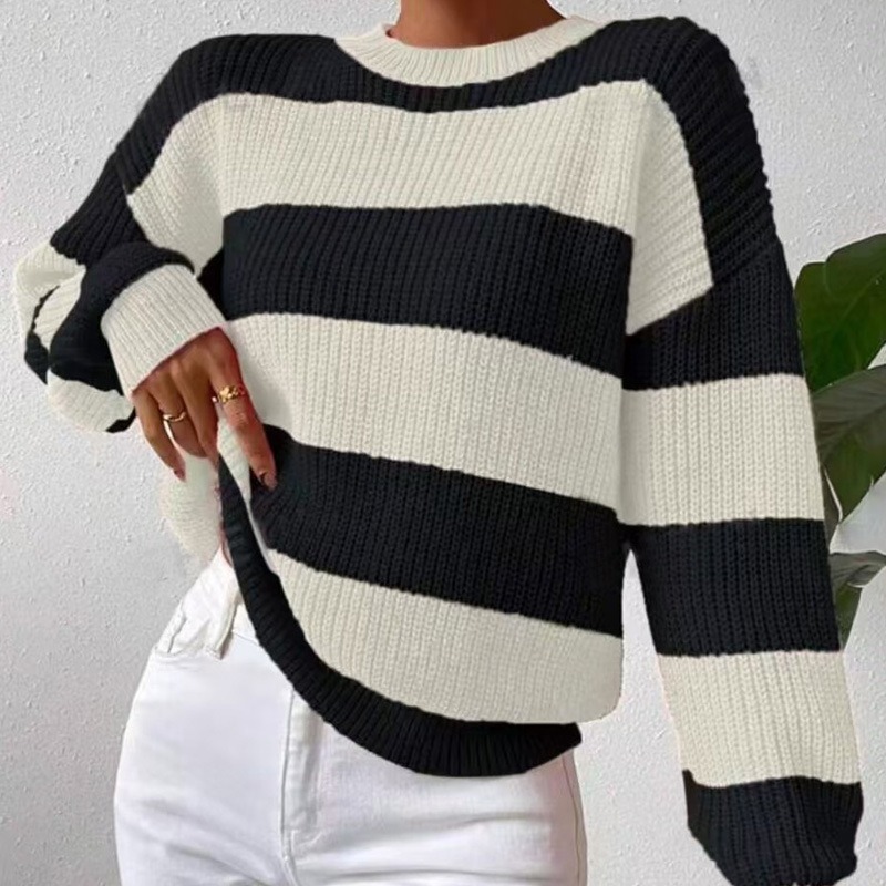 2024 European and American autumn and winter women's clothing Internet celebrity hot-selling striped loose lazy long-sleeved pullover round neck sweater