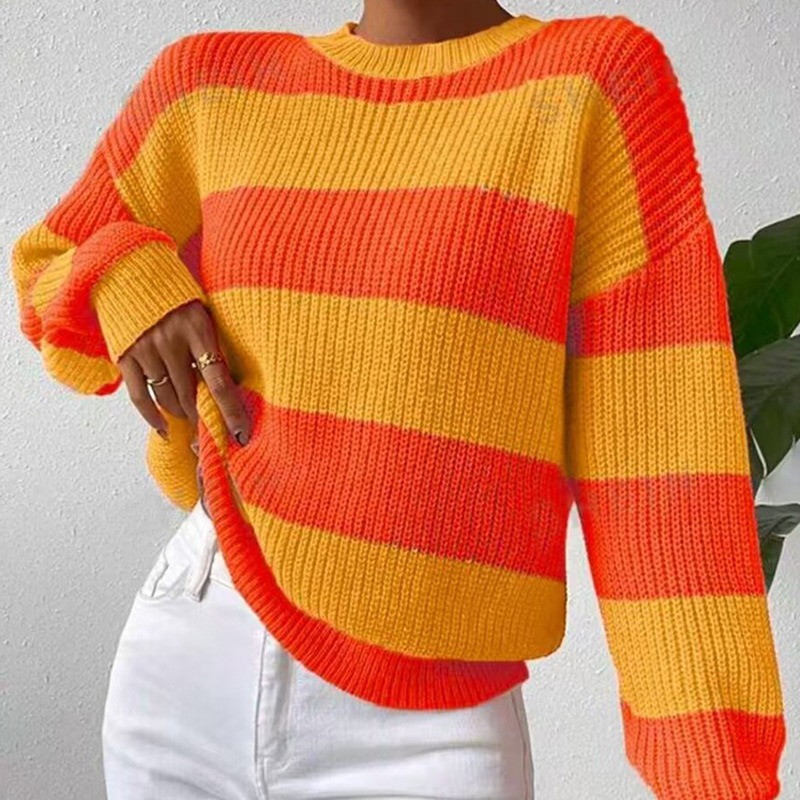 2024 European and American autumn and winter women's clothing Internet celebrity hot-selling striped loose lazy long-sleeved pullover round neck sweater