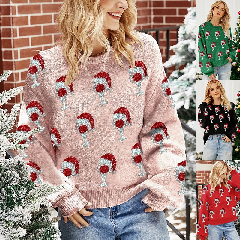 2024 autumn and winter hot style jacquard pink women's new cute puff sleeve pullover Christmas sweater