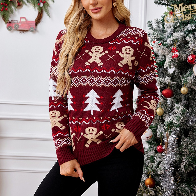 2024 New Gingerbread Man Jacquard Long Sleeve Pullover Casual Christmas Sweater