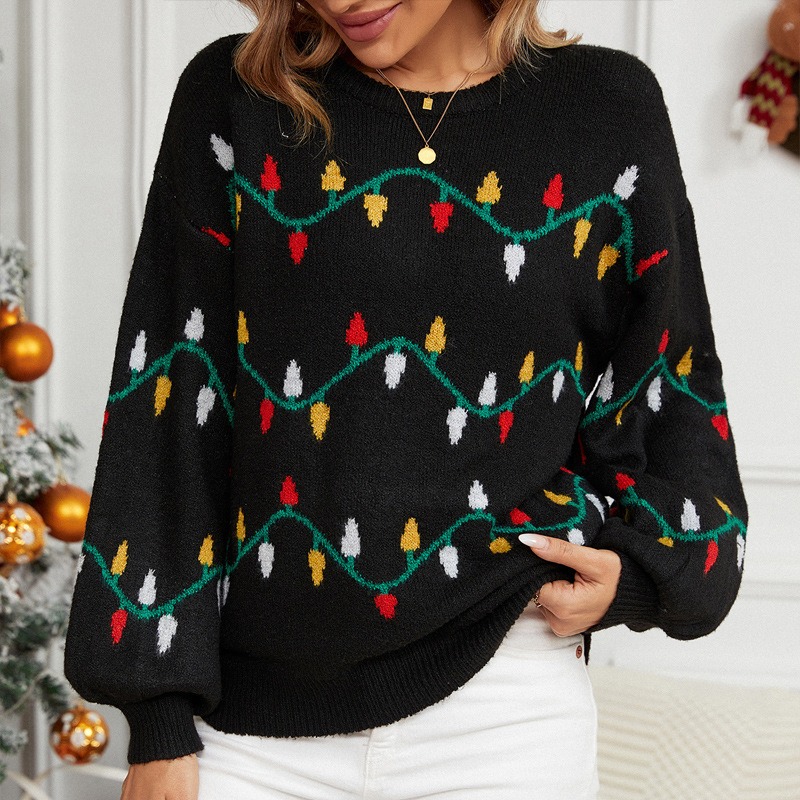 2024 Christmas women's clothing colorful lights sweet pullover loose Christmas sweater