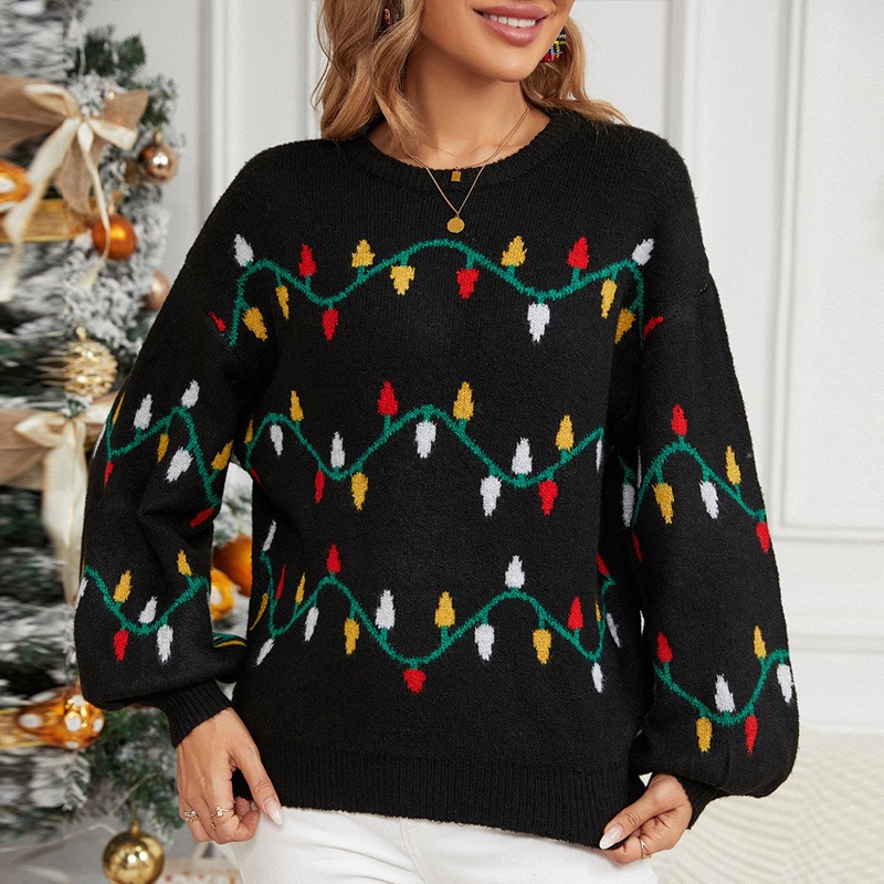 2024 Christmas women's clothing colorful lights sweet pullover loose Christmas sweater