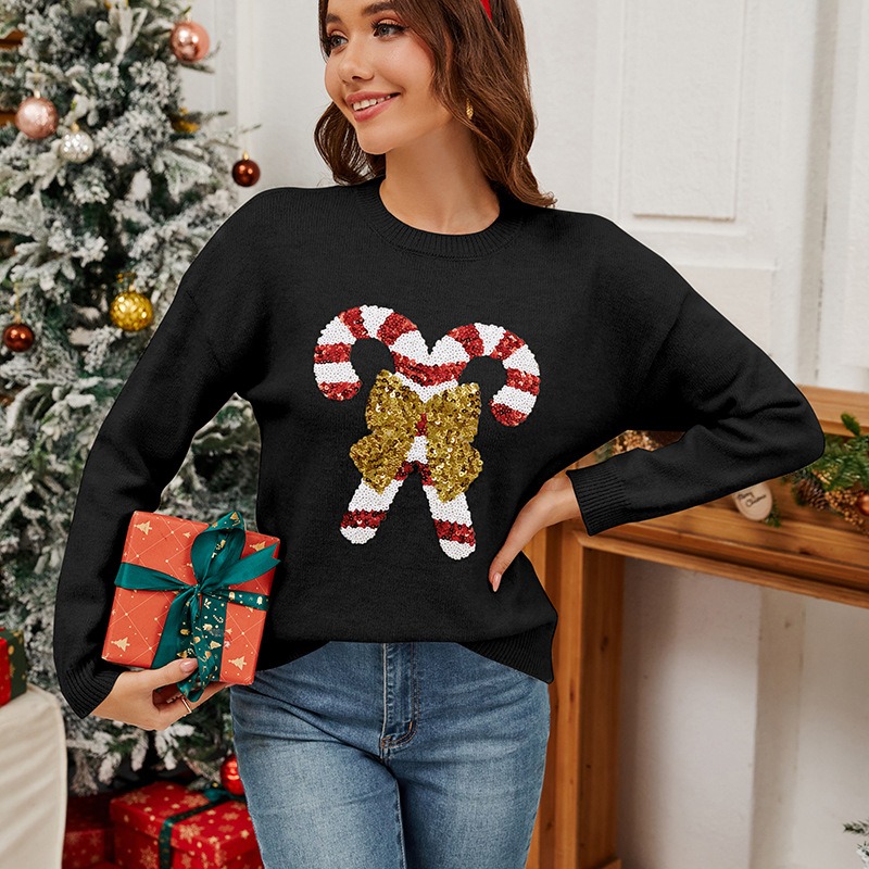 2024 New Christmas Cane Bowknot Sequin Women's Autumn and Winter New Fashion Round Neck Long Sleeve Knitted Sweater