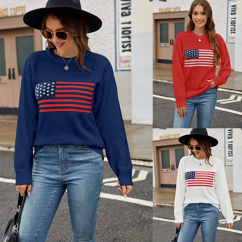 2024 Autumn and Winter New Temu Hot Sale Round Neck Flag European and American Easter Independence Day Fashion Sweater Women