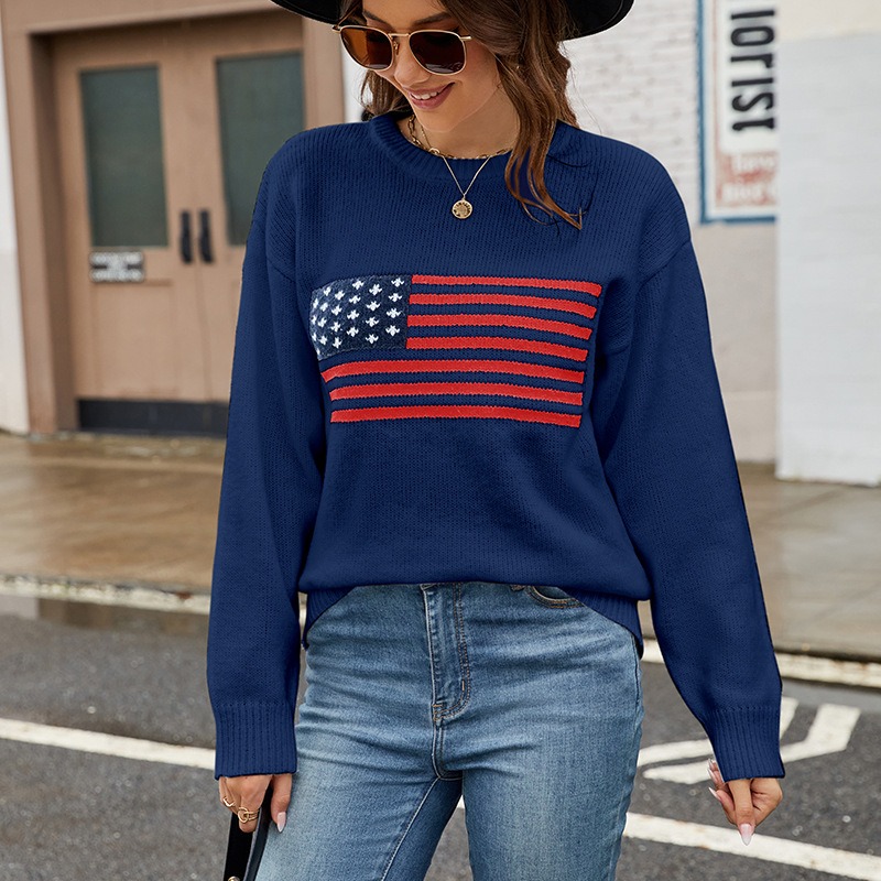 2024 Autumn and Winter New Temu Hot Sale Round Neck Flag European and American Easter Independence Day Fashion Sweater Women