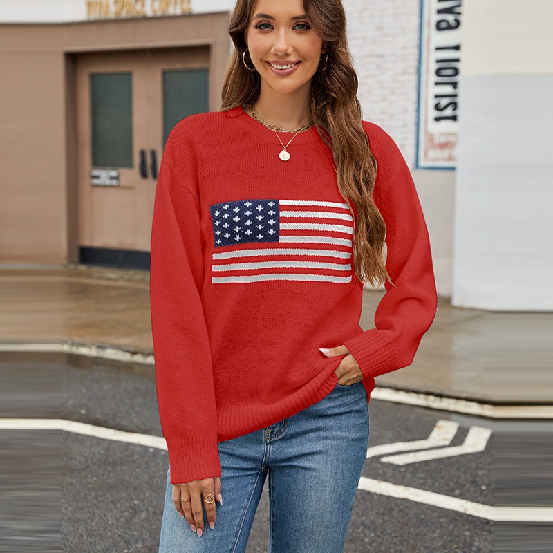 2024 Autumn and Winter New Temu Hot Sale Round Neck Flag European and American Easter Independence Day Fashion Sweater Women