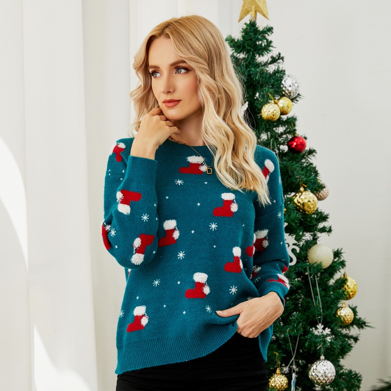 2024 Autumn and Winter New Christmas Sweater European and American Christmas Hat Cartoon Sweet Round Neck Sweater