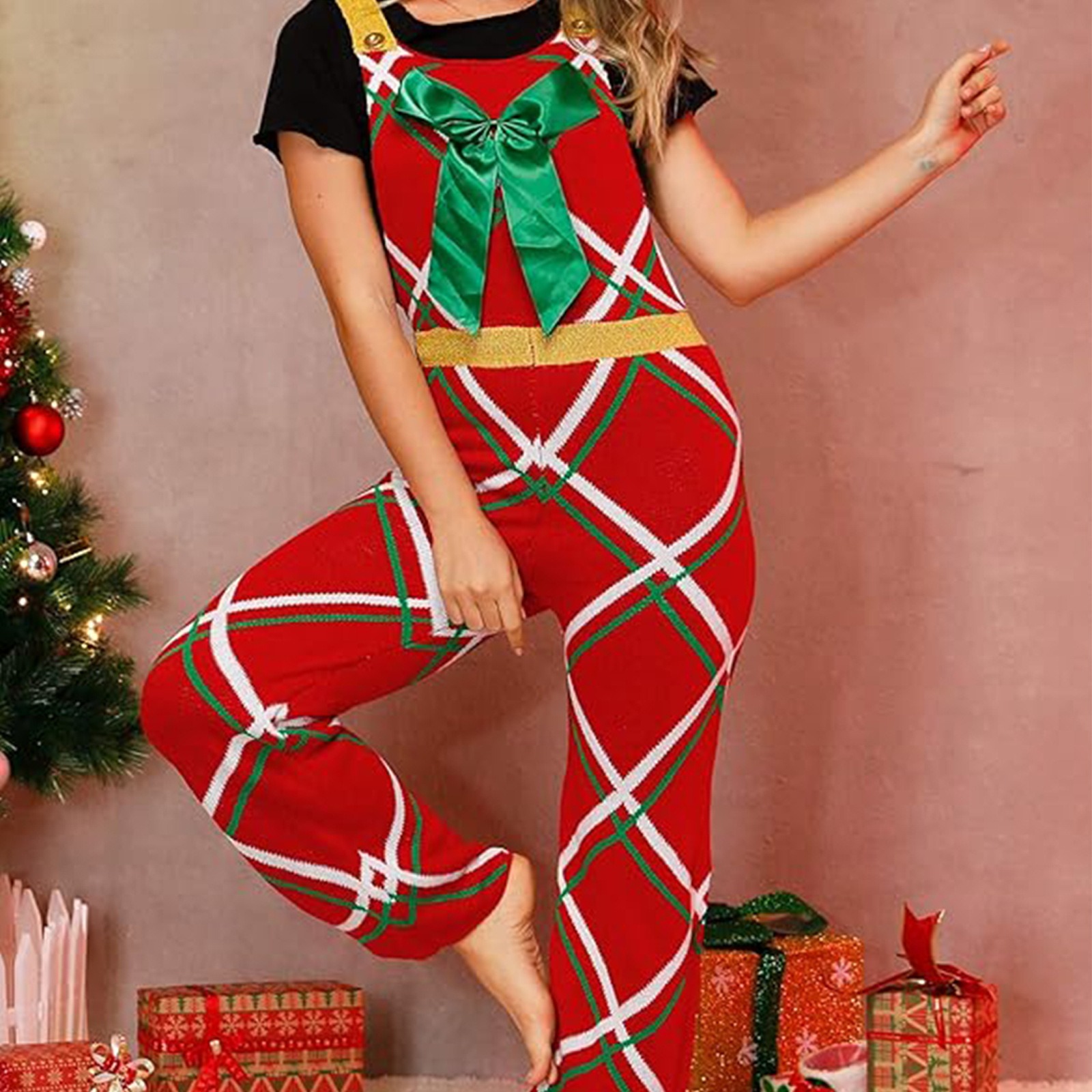 2024 Autumn and Winter Big Bow Christmas Atmosphere Women's Striped Plaid Overalls