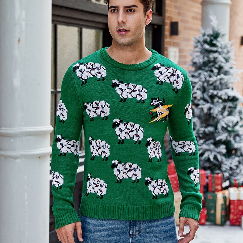 2024 Autumn and Winter Alpaca Jacquard Long Sleeve Christmas Men's New Casual Pullover Knitted Sweater