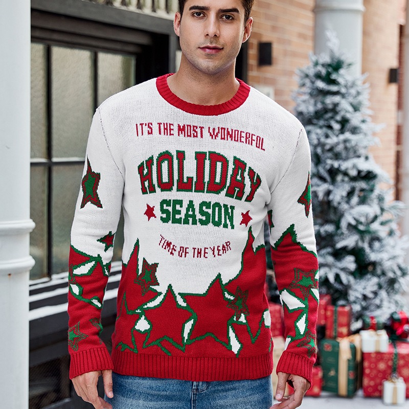 2024 Autumn and Winter Alpaca Jacquard Long Sleeve Christmas Men's New Casual Pullover Knitted Sweater