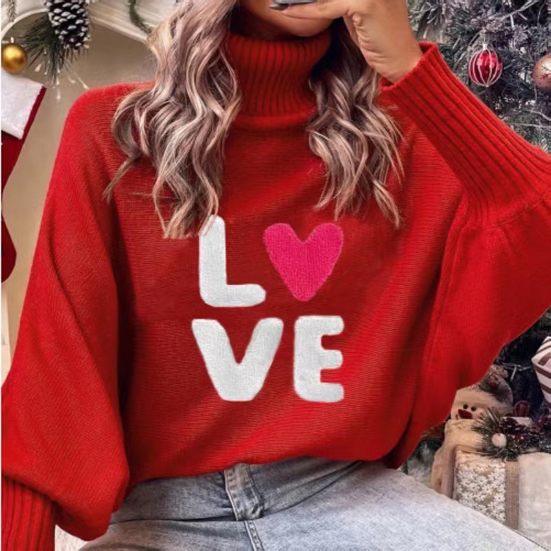 Valentine's Day LOVE red high collar bat sleeve loose pullover knitted sweater