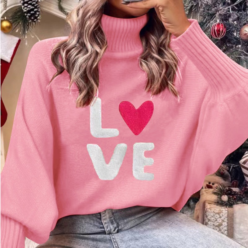 Valentine's Day LOVE red high collar bat sleeve loose pullover knitted sweater