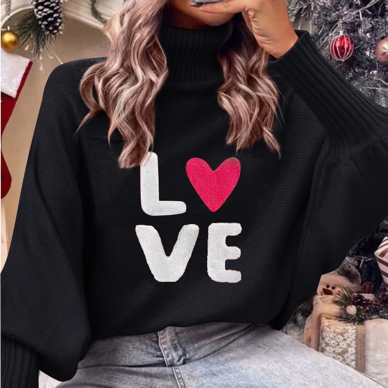 Valentine's Day LOVE red high collar bat sleeve loose pullover knitted sweater