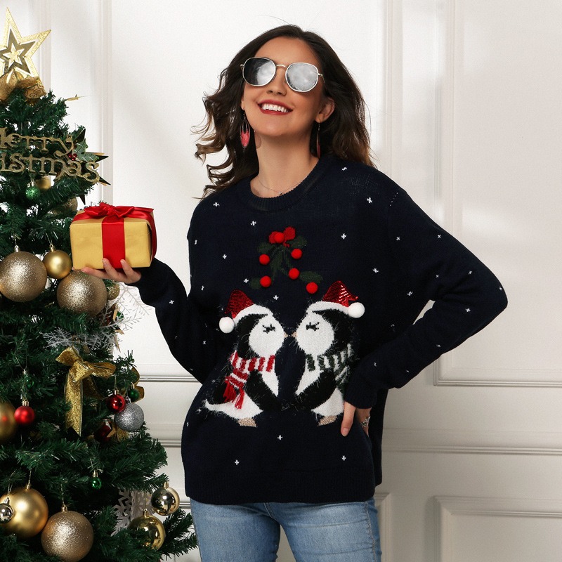 2024 Autumn and Winter Hot Women's Wear Little Penguin Jacquard Loose Long Sleeve Pullover Christmas Sweater