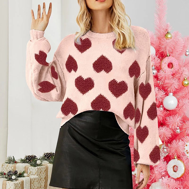 2024 New Arrival Puff Sleeve Valentine's Day Pink Sweater Loose Sweet Love Jacquard Pullover Sweater