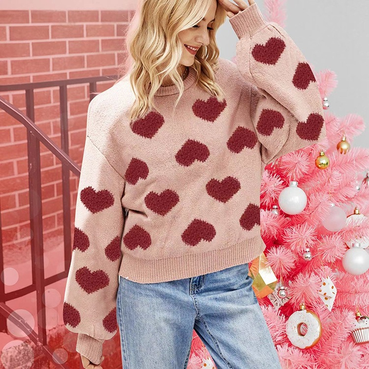 2024 New Arrival Puff Sleeve Valentine's Day Pink Sweater Loose Sweet Love Jacquard Pullover Sweater