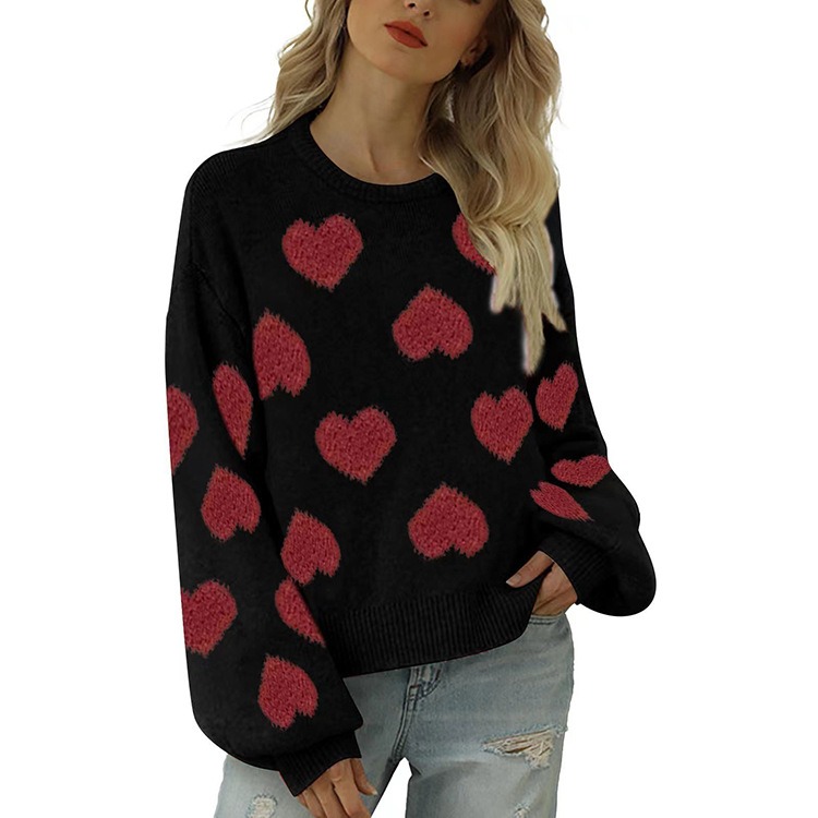 2024 New Arrival Puff Sleeve Valentine's Day Pink Sweater Loose Sweet Love Jacquard Pullover Sweater