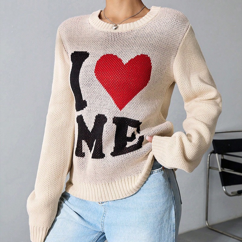 Casual Love Loose Lazy Style Round Neck Jacquard Pullover Long Sleeve Knit Top