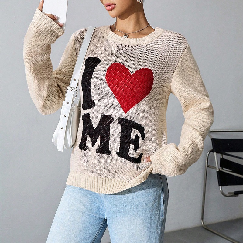Casual Love Loose Lazy Style Round Neck Jacquard Pullover Long Sleeve Knit Top