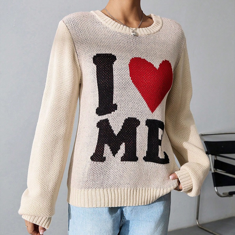 Casual Love Loose Lazy Style Round Neck Jacquard Pullover Long Sleeve Knit Top