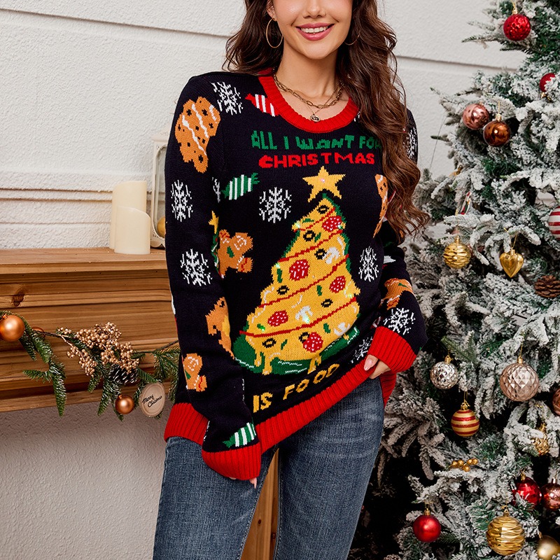 2024 European and American women's casual loose lazy style Christmas tree contrast jacquard Christmas sweater