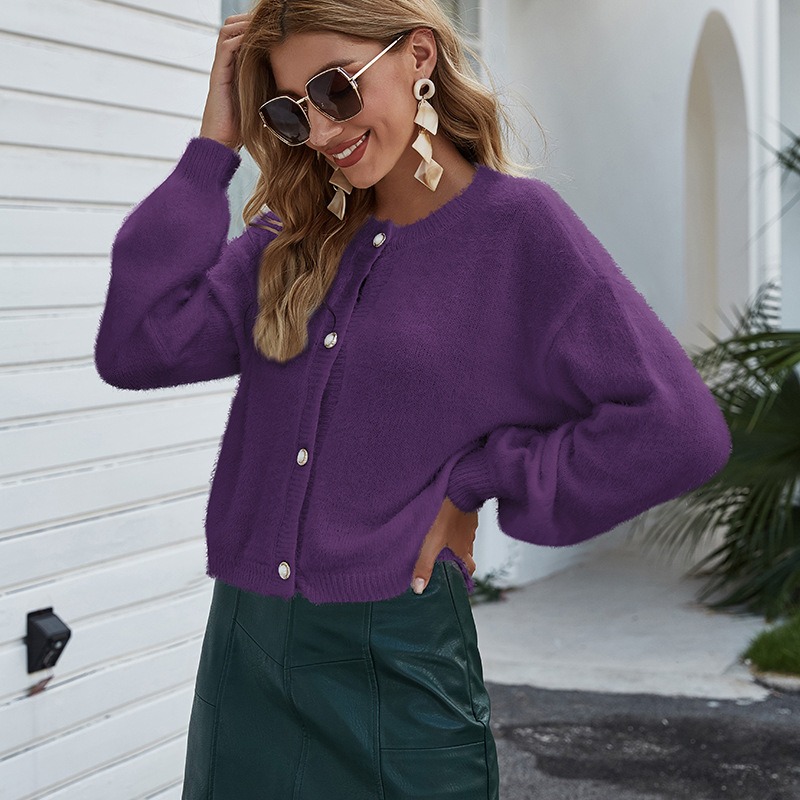 2024 new long-sleeved loose European and American women's short knitted cardigan
