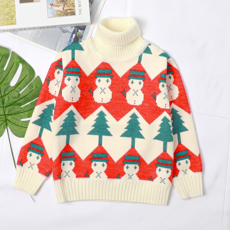 2024 Winter New Style Girls Thickened Fashionable Warm High Neck Christmas Knitted Top