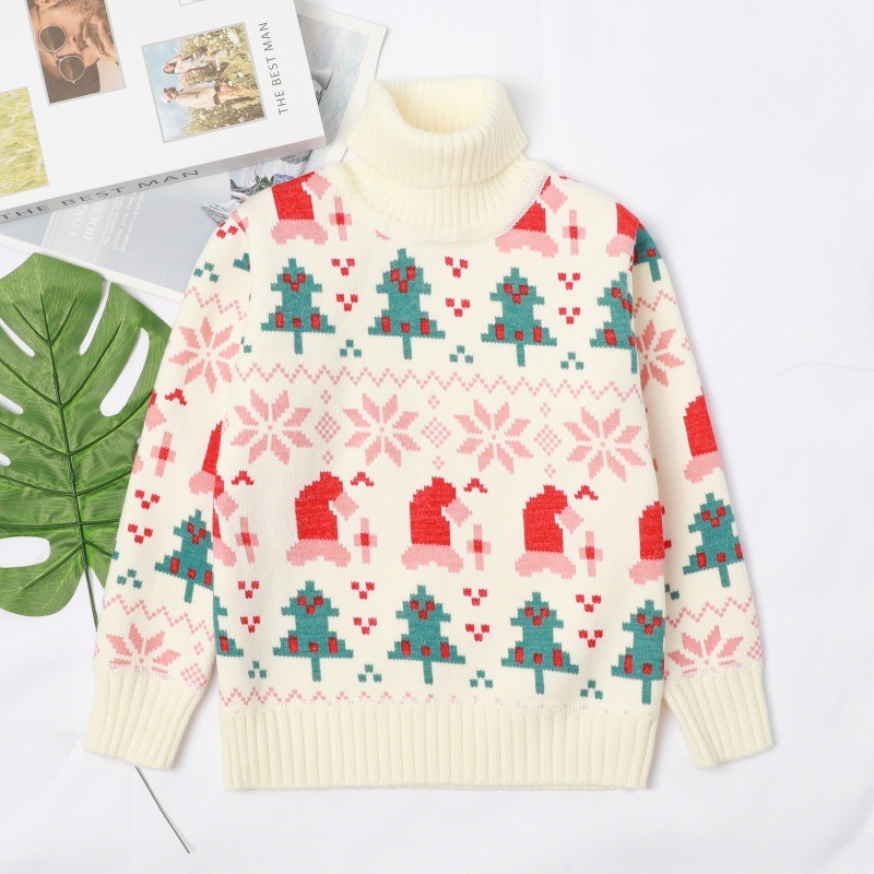 2024 Winter New Style Girls Thickened Fashionable Warm High Neck Christmas Knitted Top