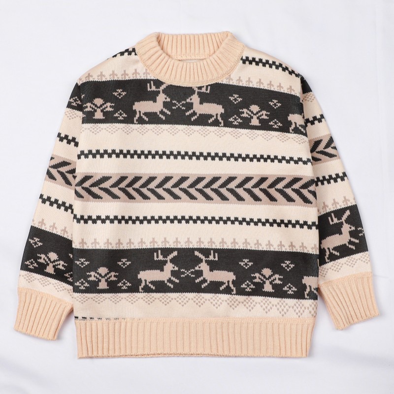 2024 new boys autumn and winter knitted bottoms plus velvet elk sweater for middle and large children