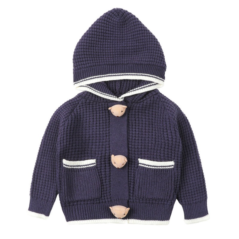 2024 Spring and Autumn Solid Color Hooded Bear Button Boys Girls Children Knitted Tops