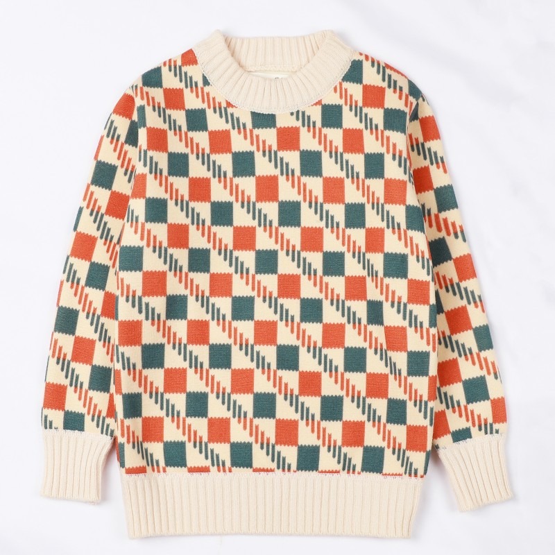 2024 new boys autumn and winter square pattern stylish Korean version of one-piece velvet knitted sweater