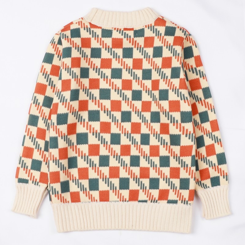 2024 new boys autumn and winter square pattern stylish Korean version of one-piece velvet knitted sweater