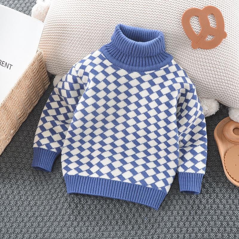 2024 new boys' high collar plaid autumn and winter single piece plus velvet thickened winter knitted sweater