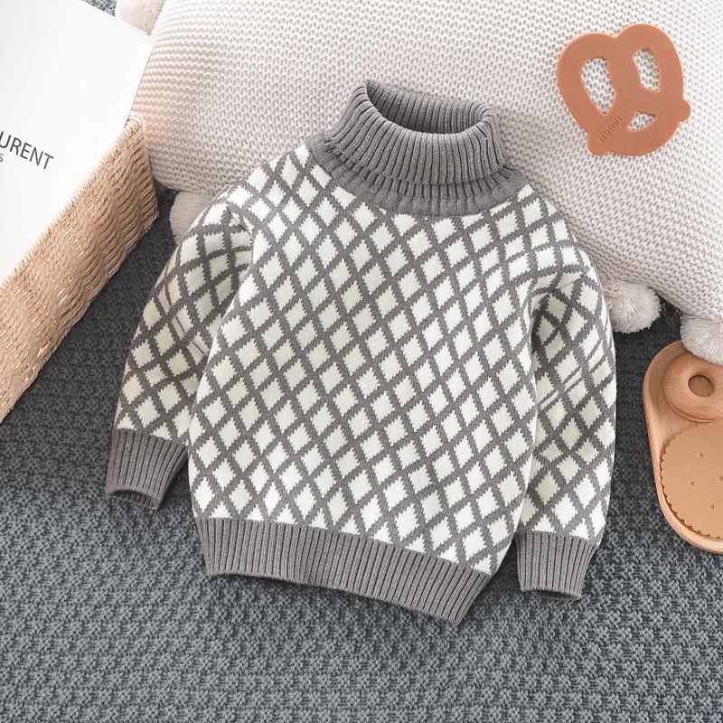 2024 new boys' high collar plaid autumn and winter single piece plus velvet thickened winter knitted sweater