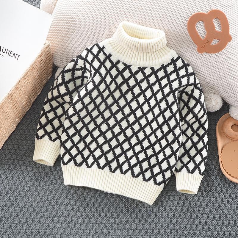2024 new boys' high collar plaid autumn and winter single piece plus velvet thickened winter knitted sweater