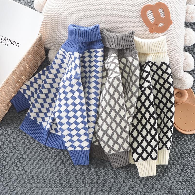 2024 new boys' high collar plaid autumn and winter single piece plus velvet thickened winter knitted sweater