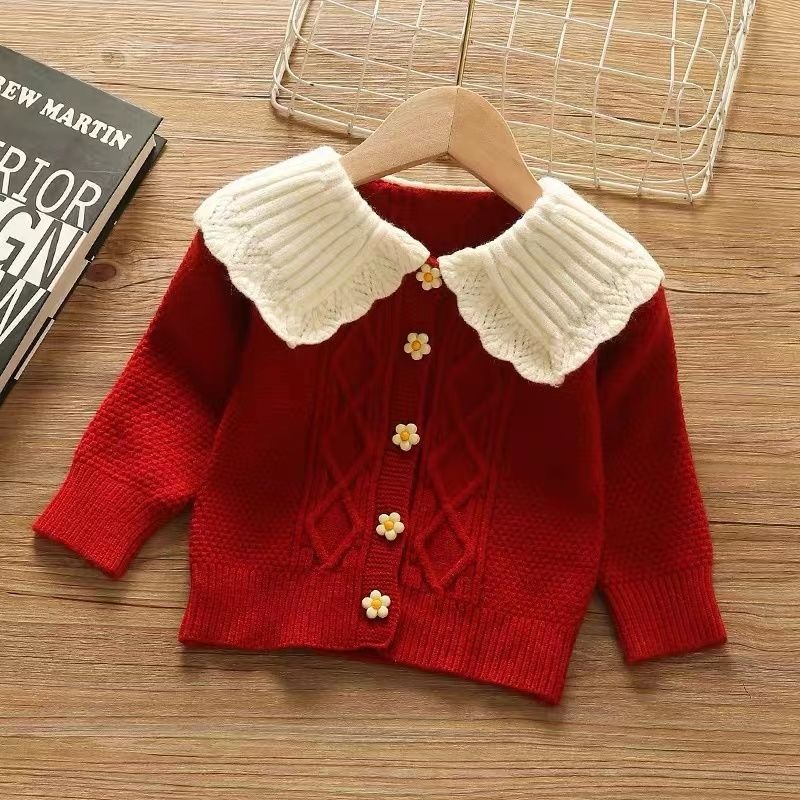 2024 new spring and autumn girls Korean princess style lace white collar flower button knitted cardigan