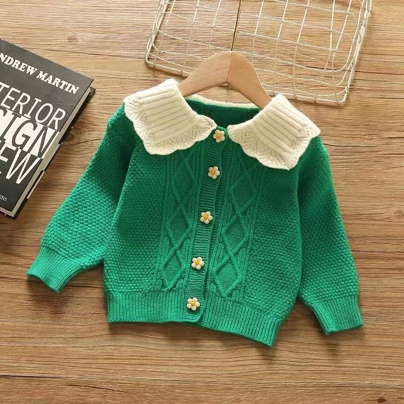 2024 new spring and autumn girls Korean princess style lace white collar flower button knitted cardigan