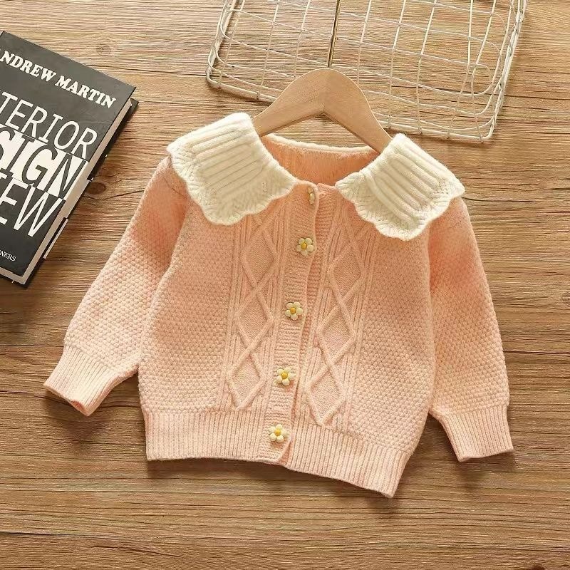 2024 new spring and autumn girls Korean princess style lace white collar flower button knitted cardigan